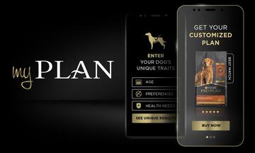 Image of Phone with Pro Plan MyPlan pet food finder app on the screen