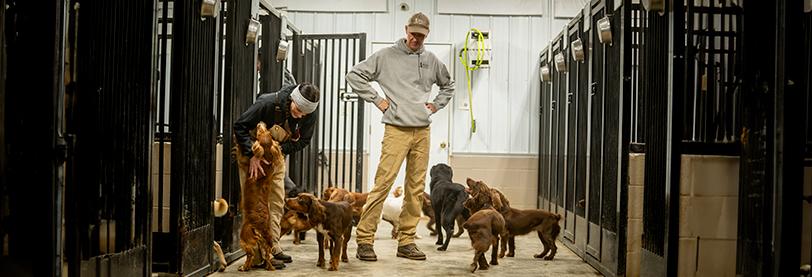 two men petting dogs in front of kennels