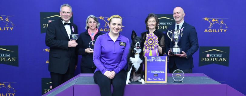 2025 Westminster Masters Agility champion, Vanish, with her owner after winning.