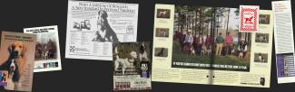 A collage of vintage Purina Pro Plan advertisements featuring hunting dogs and their handlers, showcasing the brand’s long-standing association with pet nutrition and performance in sporting activities.